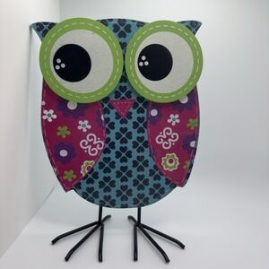 Colorful Metal Owl Figurine Table Decor- Whimsical Flower Design-Home Accent